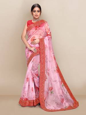Light pink printed organza saree with blouse 1