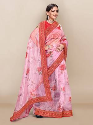Light pink printed organza saree with blouse 2