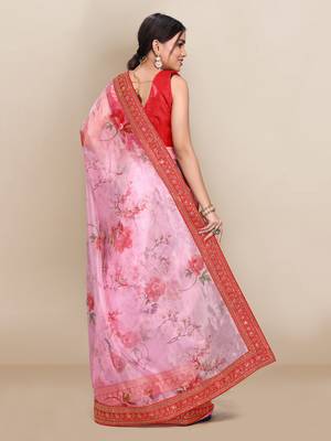Light pink printed organza saree with blouse 3