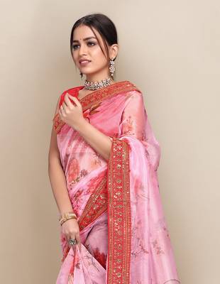 Light pink printed organza saree with blouse 4