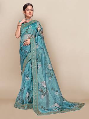 Sky blue printed organza saree with blouse 1