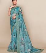 Sky blue printed organza saree with blouse