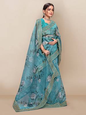 Sky blue printed organza saree with blouse 2