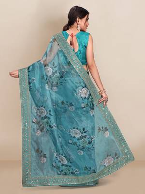 Sky blue printed organza saree with blouse 3