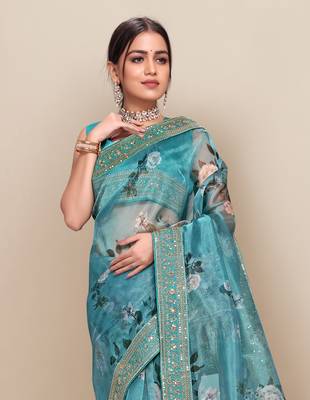 Sky blue printed organza saree with blouse 4