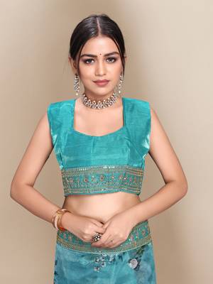 Sky blue printed organza saree with blouse 5