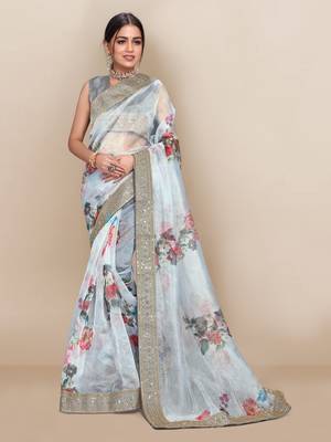 Off white printed organza saree with blouse 1