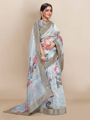 Off white printed organza saree with blouse 2