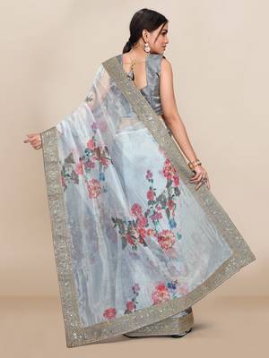 Off white printed organza saree with blouse 3