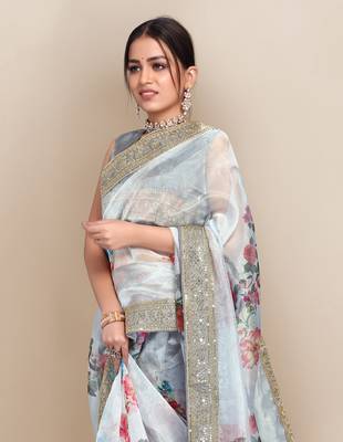 Off white printed organza saree with blouse 4
