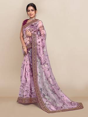 Purple printed organza saree with blouse 1