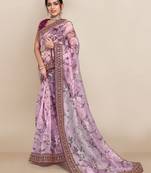 Purple printed organza saree with blouse