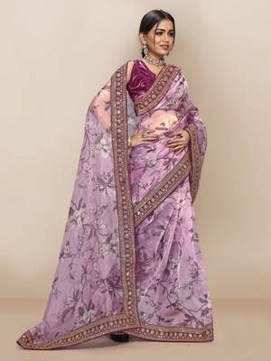 Purple printed organza saree with blouse 2
