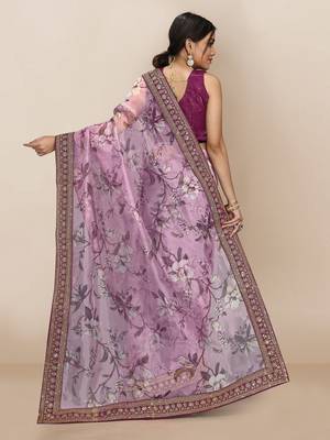 Purple printed organza saree with blouse 3