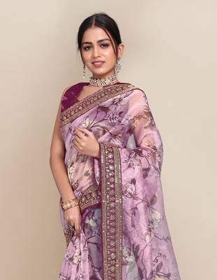 Purple printed organza saree with blouse 4
