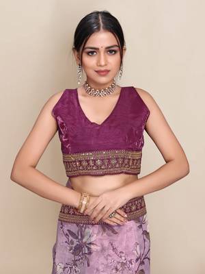Purple printed organza saree with blouse 5