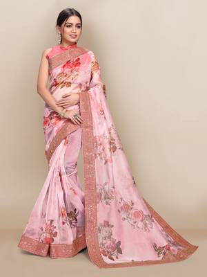 Baby pink printed organza saree with blouse 1