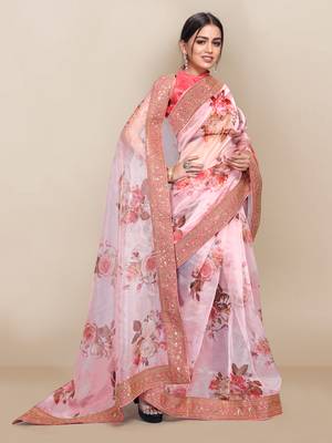 Baby pink printed organza saree with blouse 2