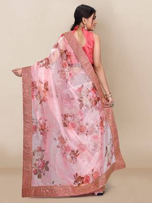 Baby pink printed organza saree with blouse 3