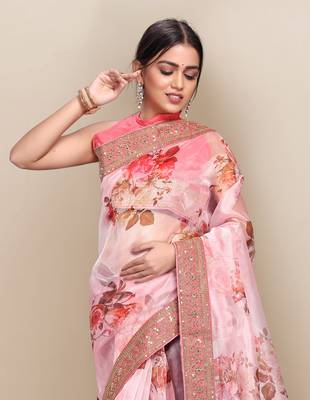 Baby pink printed organza saree with blouse 4