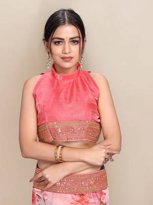 Baby pink printed organza saree with blouse 5