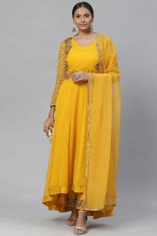 Yellow Embroidered Faux Georgette Semi Stitched Salwar With Dupatta