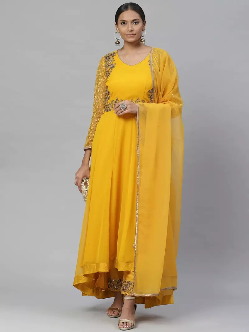 Yellow Embroidered Faux Georgette Semi Stitched Salwar With Dupatta
