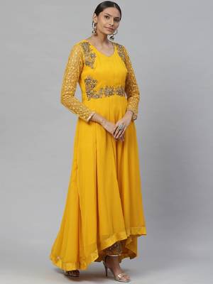 Yellow Faux Georgette Gold Embroidered Anarkali Salwar Suit 4