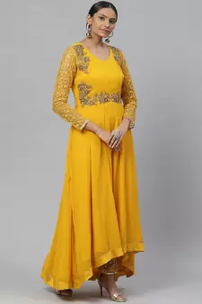 Yellow Faux Georgette Gold Embroidered Anarkali Salwar Suit