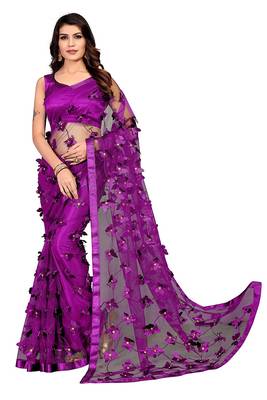 Women's Net Embroidered Saree Titli Purple 1