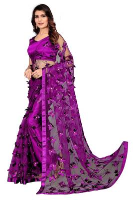 Women's Net Embroidered Saree Titli Purple 2