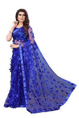 Women's Net Embroidered Saree Titli Royal Blue 3