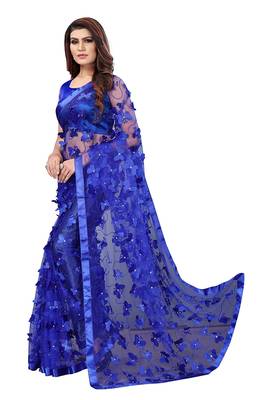 Women's Net Embroidered Saree Titli Royal Blue 4