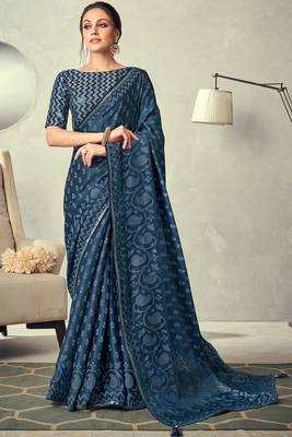 Navy Blue Embroidered Silk Blend Saree With Blouse 1