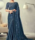 Navy Blue Embroidered Silk Blend Saree With Blouse