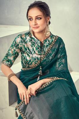 Teal embroidered tissue saree with blouse 2