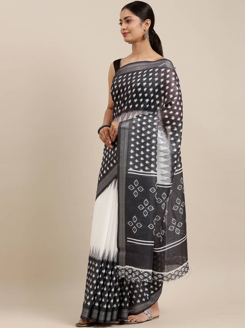 CLASSICATE from the house of The Chennai Silks Off White Linen Blend Printed Saree With Running Blouse