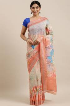 CLASSICATE from the house of The Chennai Silks Multicolor Linen Blend Printed Saree With Running Blouse
