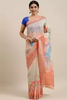 CLASSICATE from the house of The Chennai Silks Multicolor Linen Blend Printed Saree With Running Blouse