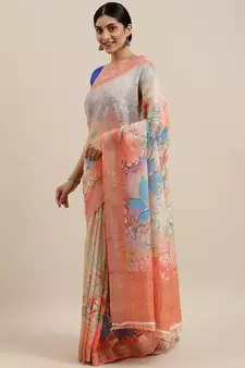 CLASSICATE from the house of The Chennai Silks Multicolor Linen Blend Printed Saree With Running Blouse