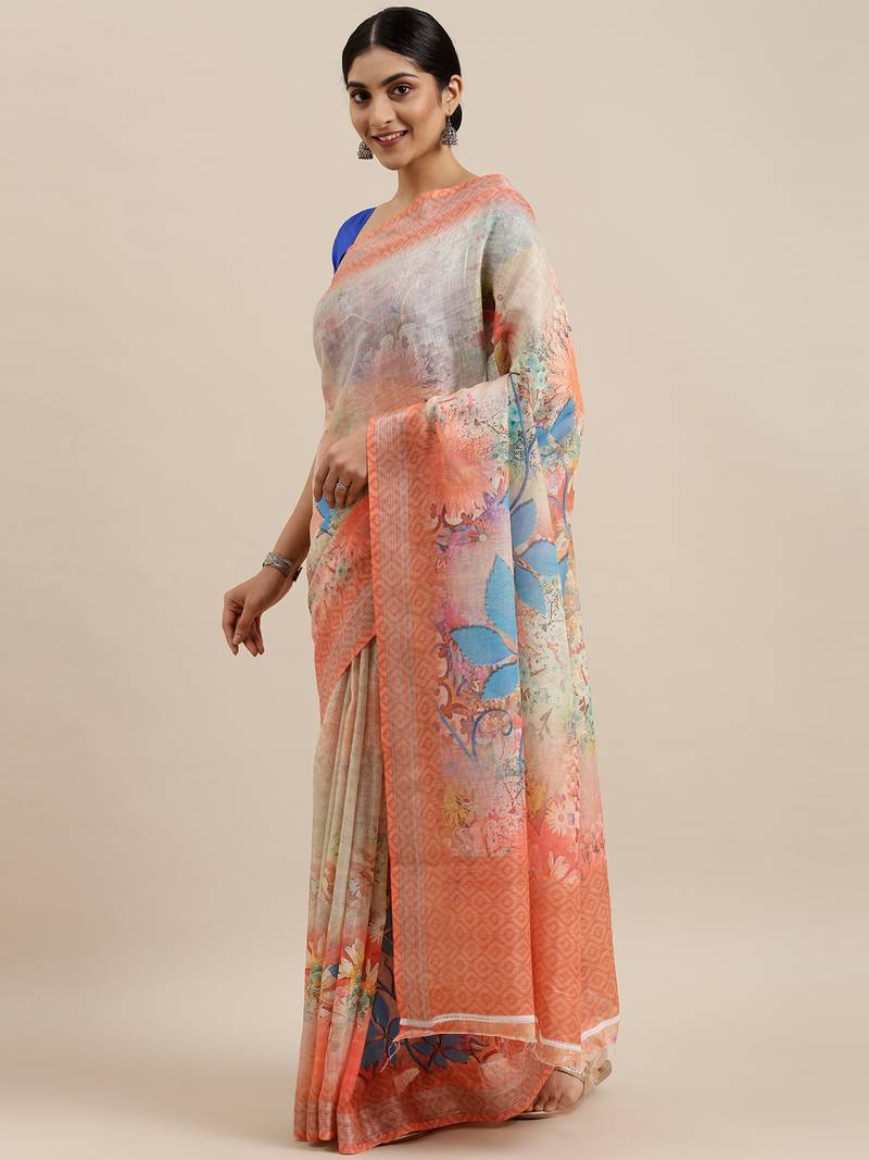 CLASSICATE from the house of The Chennai Silks Multicolor Linen Blend Printed Saree With Running Blouse