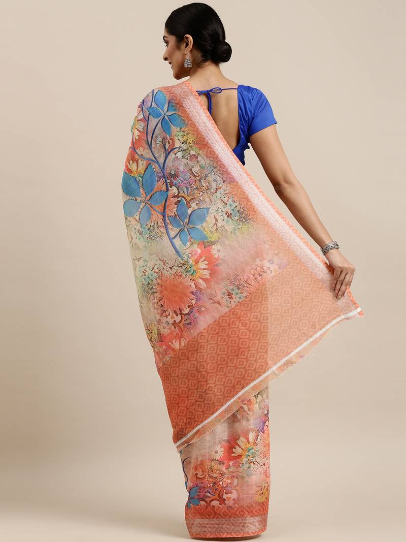 CLASSICATE from the house of The Chennai Silks Multicolor Linen Blend Printed Saree With Running Blouse