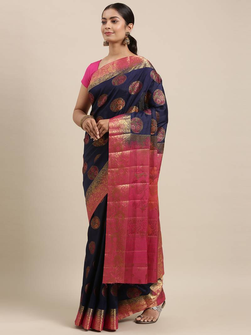 CLASSICATE from the house of The Chennai Silks Navy Blue Taffeta Saree With Running Blouse