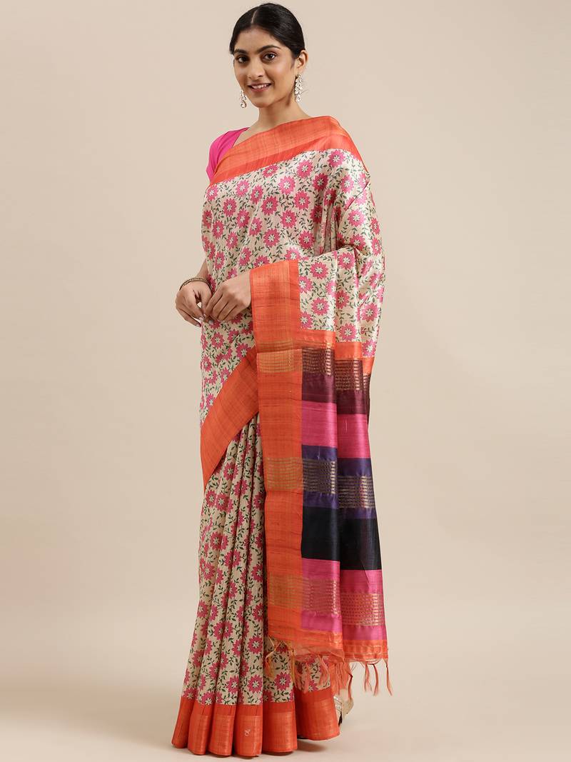 CLASSICATE from the house of The Chennai Silks Beige Printed Dupion Saree With Running Blouse