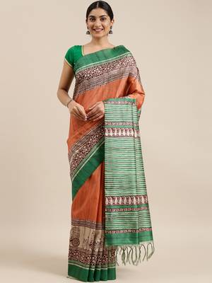 CLASSICATE from the house of The Chennai Silks Orange Printed Dupion Saree With Running Blouse 1