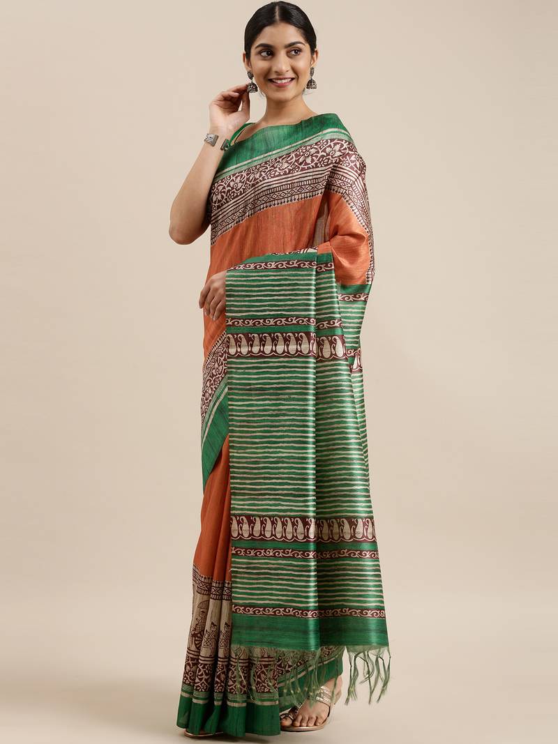 CLASSICATE from the house of The Chennai Silks Orange Printed Dupion Saree With Running Blouse
