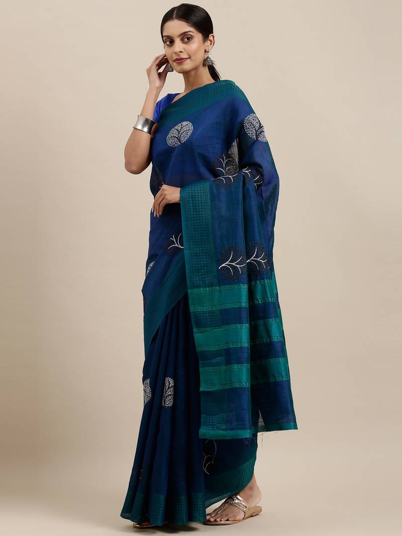 CLASSICATE from the house of The Chennai Silks Blue Embroidered Jute Cotton Saree With Running Blouse