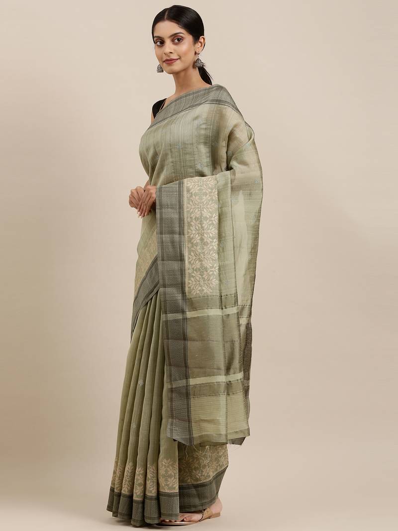 CLASSICATE from the house of The Chennai Silks Green Embroidered Jute Cotton Saree With Running Blouse