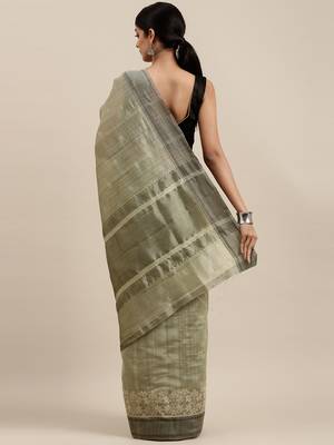 CLASSICATE from the house of The Chennai Silks Green Embroidered Jute Cotton Saree With Running Blouse 3
