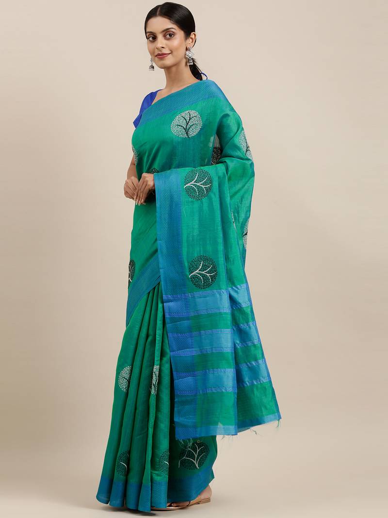 CLASSICATE from the house of The Chennai Silks Green Embroidered Jute Cotton Saree With Running Blouse